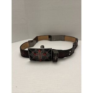 Heavy Leather Grunge Emo Belt Metal Cross Buckle Black Red Size 34